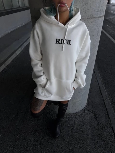 Uzun Kol Kapşonlu Göğüs Baskılı SweatShirt - Beyaz ürün görseli 1