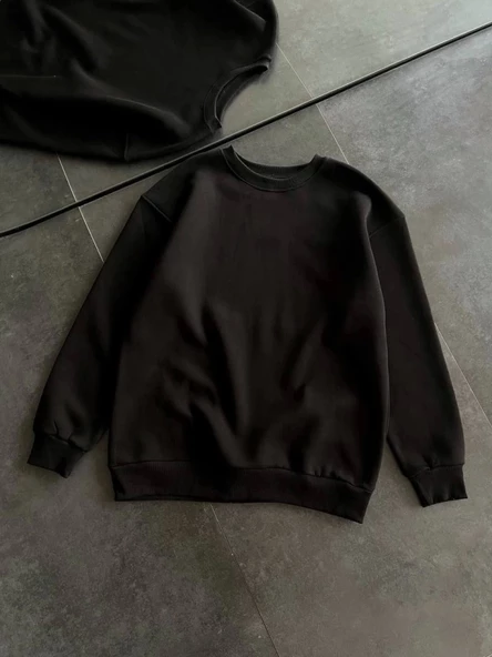 Kışlık Bisiklet Yaka Üç İplik Basic SweatShirt - Siyah - Resim 4