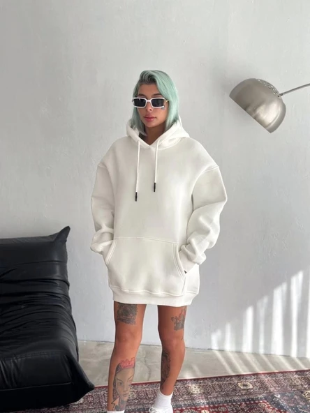 Kapşonlu Üç İplik Penye Basic SweatShirt - Beyaz ürün görseli 1