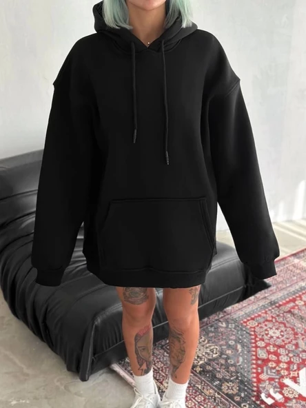 Kapşonlu Üç İplik Penye Basic SweatShirt - Siyah ürün görseli 1