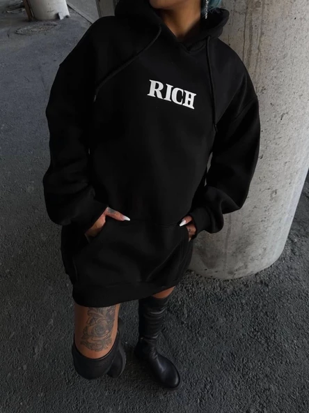 Uzun Kol Kapşonlu Göğüs Baskılı SweatShirt - Siyah ürün görseli 1