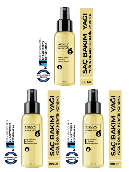 NEDOX 3 Adet Keratin Özlü Onarıcı E Vitaminli Saç Bakım Yağı 100 ml ürün görseli 1