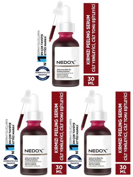 NEDOX 3 Adet Cilt Yenileyici Cilt Tonu Eşitleyici Kırmızı Peeling Serum Aha %30 Bha %2 Ph % 3.5 Serum 30 ml ürün görseli 1