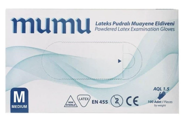 Mumu Muayene Eldiveni Lateks Pudralı Beyaz Orta Boy (M) | 100 Adet ürün görseli 1
