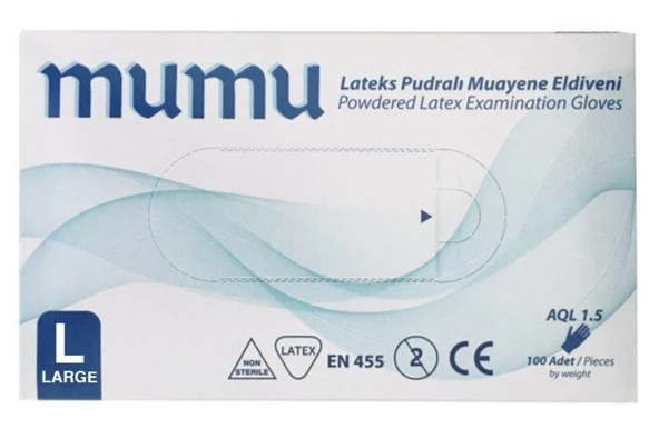 Mumu Muayene Eldiveni Lateks Pudralı Beyaz Büyük Boy (L) | 100 Adet ürün görseli 1