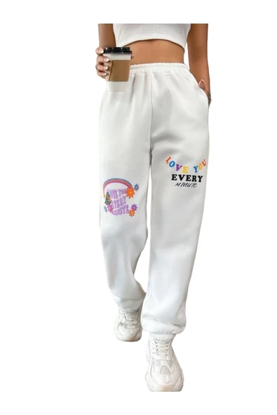 Kadın Beyaz Love Baskılı Paça Lastikli Oversize Eşofman ürün görseli 1