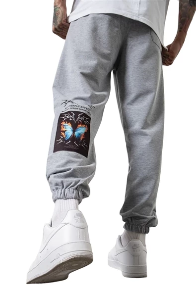 Unisex Gri Kelebek Baskılı Paça Lastikli Oversize Eşofman ürün görseli 1