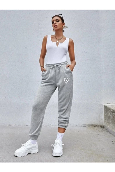 Kadın Kalp Baskılı Paça Lastikli Oversize Eşofman - Resim 4