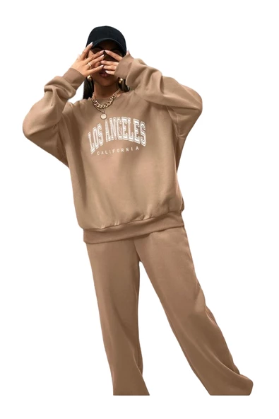 Kadın Los Angeles Baskılı Oversize Bisiklet Yaka Takım ürün görseli 1