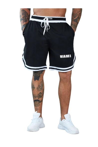 Erkek Siyah Miami Baskılı Oversize Şeritli Şort ürün görseli 1