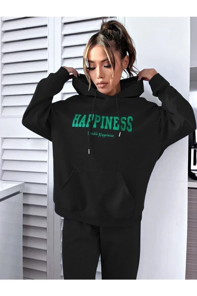 Kadın Happiness Baskılı Oversize Kapüşonlu Takım - Resim 3