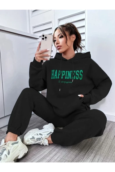 Kadın Happiness Baskılı Oversize Kapüşonlu Takım - Resim 2
