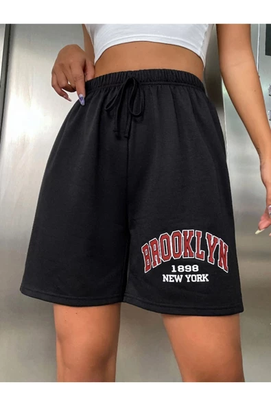 Kadın Siyah Brooklyn 1898 Baskılı Şort - Resim 4