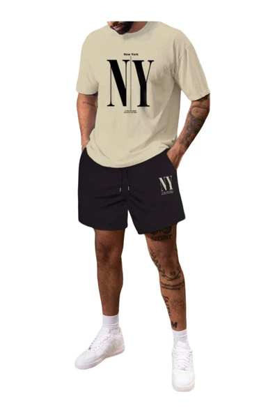 Erkek Bej New York Baskılı Şort T-shirt Takım ürün görseli 1