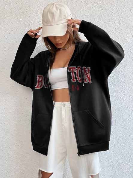 Unisex Bej Boston Baskı Kapüşonlu Hırka - Resim 7