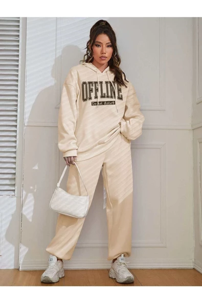 Kadın Bej Offlıne Baskılı Oversize Kapüşonlu Takım - Resim 4