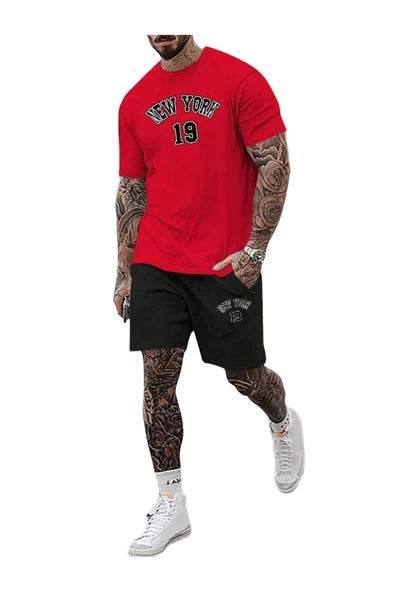 Erkek Kırmızı New York 19 Baskılı Şort T-shirt Takım ürün görseli 1