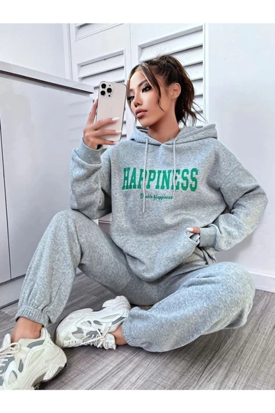 Kadın Happiness Baskılı Oversize Kapüşonlu Takım - Resim 5
