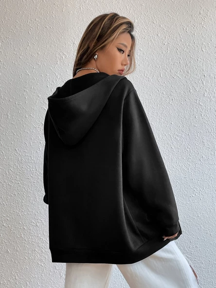 Unisex Bej Boston Baskı Kapüşonlu Hırka - Resim 8