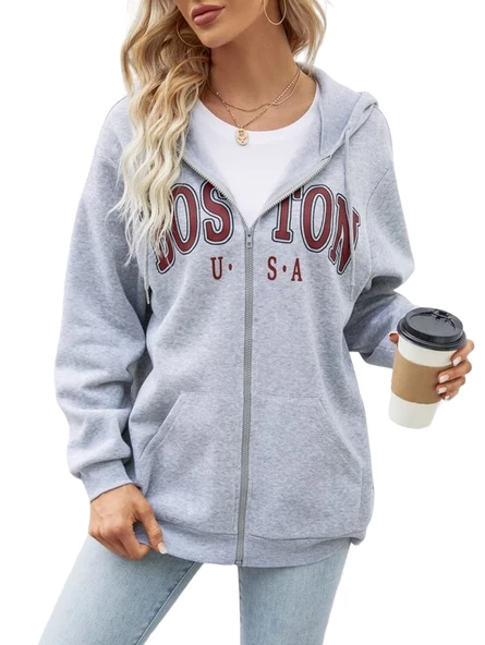 Unisex Bej Boston Baskı Kapüşonlu Hırka - Resim 2