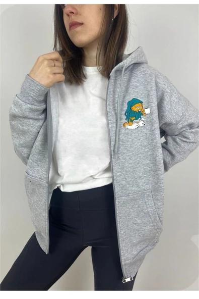 Unisex Gri Karikatür Baskılı Mevsimlik Oversize Kapüşonlu Hırka ürün görseli 1