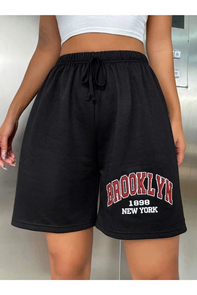 Kadın Siyah Brooklyn 1898 Baskılı Şort - Resim 3