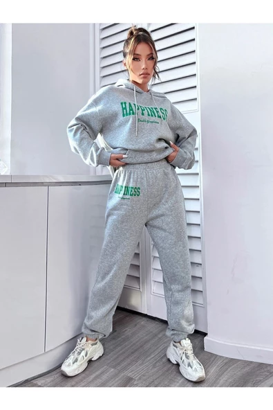 Kadın Happiness Baskılı Oversize Kapüşonlu Takım - Resim 7
