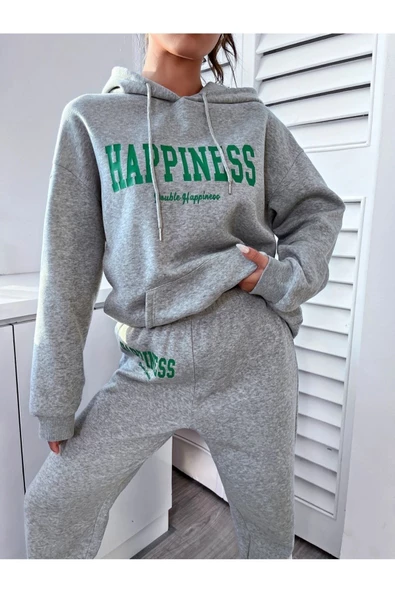 Kadın Happiness Baskılı Oversize Kapüşonlu Takım - Resim 8