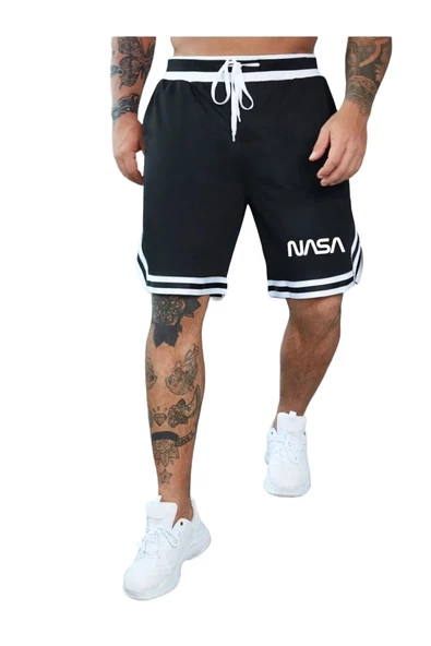 Erkek Siyah Nasa Baskılı Bel Paça Şeritli Şort ürün görseli 1