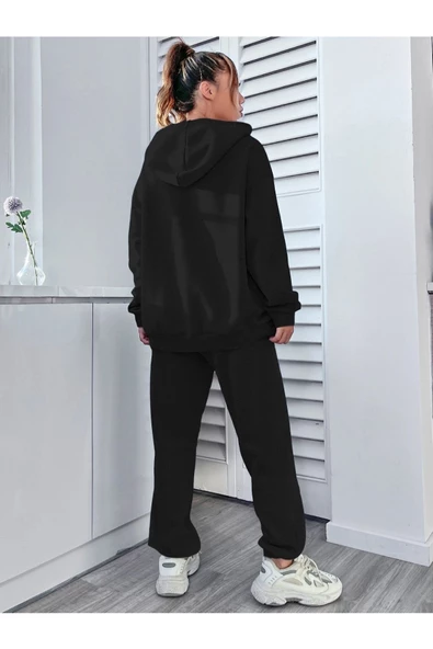 Kadın Happiness Baskılı Oversize Kapüşonlu Takım - Resim 4