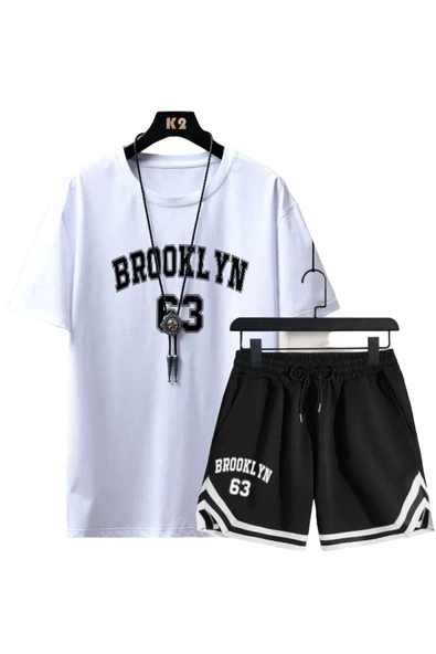 Erkek Beyaz Brooklyn 63 Baskılı Şort T-shirt Takım ürün görseli 1