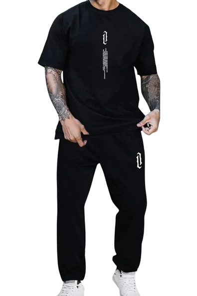 Erkek Dikey Baskılı Oversize Eşofman Takımı - Resim 3