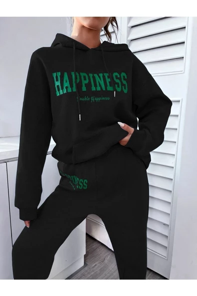 Kadın Happiness Baskılı Oversize Kapüşonlu Takım ürün görseli 1