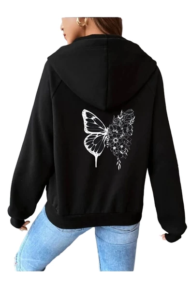 Unisex Siyah Kelebek Sırt Baskılı Ince Mevsimlik Kapşonlu Oversize Hırka ürün görseli 1