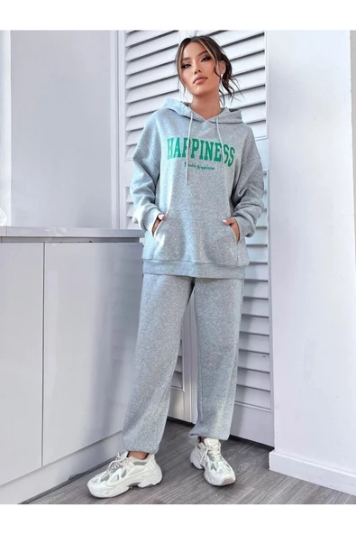 Kadın Happiness Baskılı Oversize Kapüşonlu Takım - Resim 6