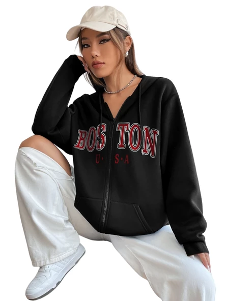 Unisex Bej Boston Baskı Kapüşonlu Hırka - Resim 3