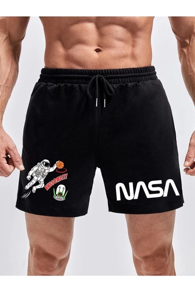 Erkek Siyah Nasa Astronot Baskılı Şort - Resim 2