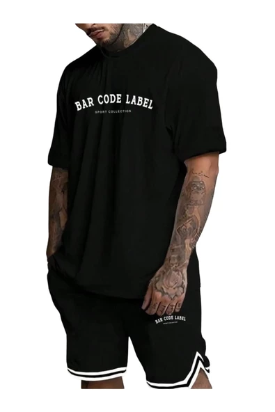 Erkek Siyah Bar Code Baskılı Şeritli Şort T-shirt Takım ürün görseli 1