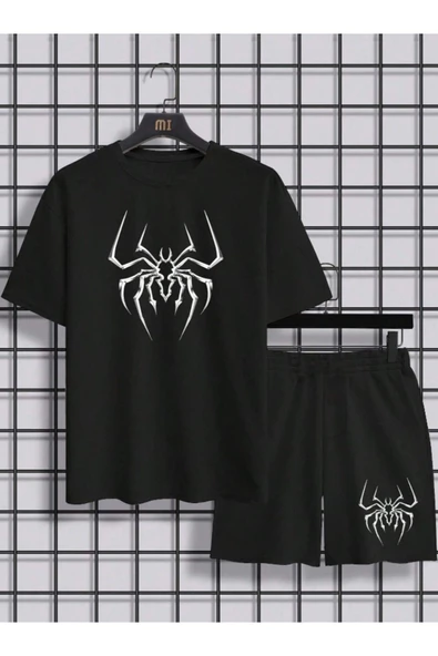 Erkek Siyah Örümcek Baskılı Şort T-shirt Takım ürün görseli 1