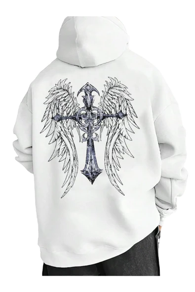 Erkek Beyaz Sırt Hac Baskılı Kapüşonlu Sweatshirt ürün görseli 1