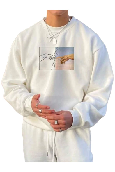 Erkek El Baskı Bisiklet Yaka Sweatshirt - Resim 4