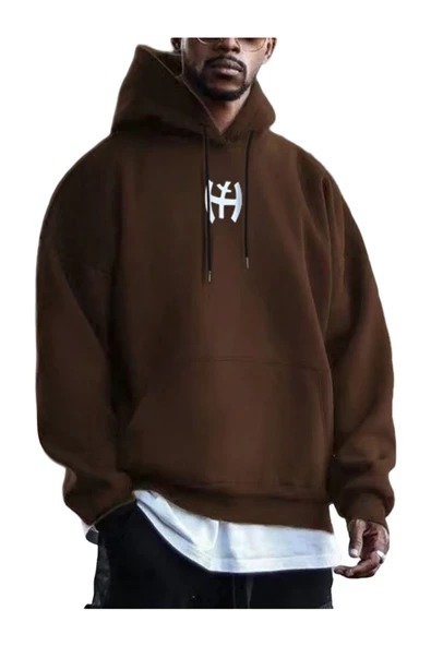 Erkek Kahverengi Y Logo Baskılı Kapüşonlu Sweatshirt ürün görseli 1