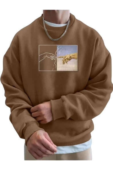 Erkek El Baskı Bisiklet Yaka Sweatshirt - Resim 2
