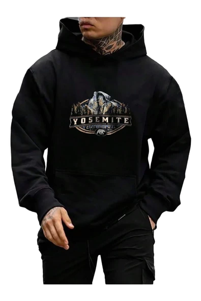 Erkek Siyah Yosemite Baskılı Kapüşonlu Sweatshirt ürün görseli 1
