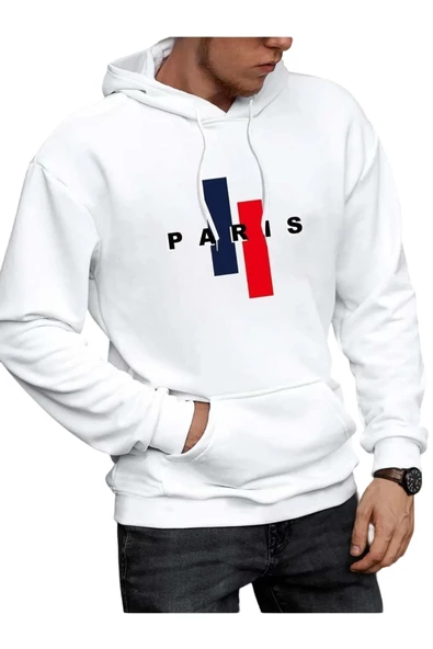 Erkek Beyaz Dik Paris Baskılı Kapüşonlu Sweatshirt ürün görseli 1