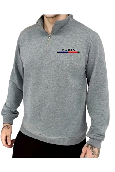 Erkek Paris Baskılı Yarım Fermuarlı Oversize Sweatshirt ürün görseli 1
