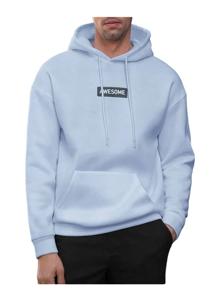 Erkek Awesome Baskılı Oversize Kapşonlu Sweatshirt - Resim 2
