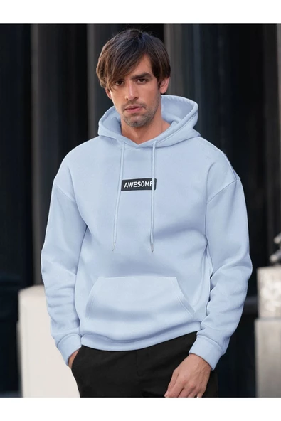 Erkek Awesome Baskılı Oversize Kapşonlu Sweatshirt - Resim 4