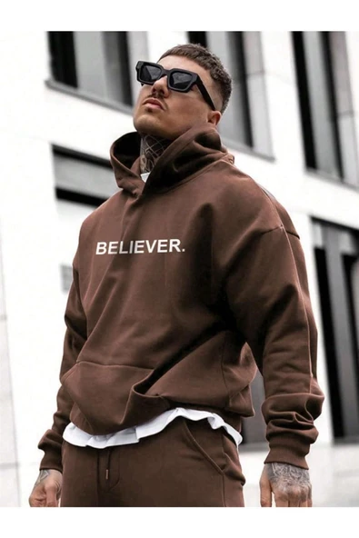 Erkek Believer Baskılı Oversize Kapşonlu Sweatshirt - Resim 5