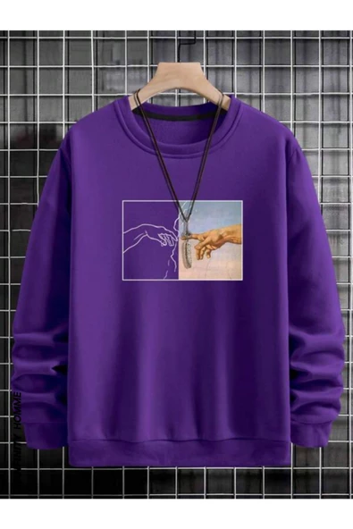 Erkek El Baskı Bisiklet Yaka Sweatshirt - Resim 6
